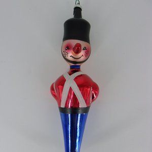 Vtg De Carlini Xmas Glass Ornament Hand painted Smiling Soldier, 6.75"